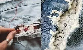 Hình ảnh quần jeans rách và quá trình vá quần.