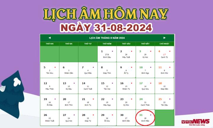 Xem lịch âm hôm nay ngày 31/8/2024