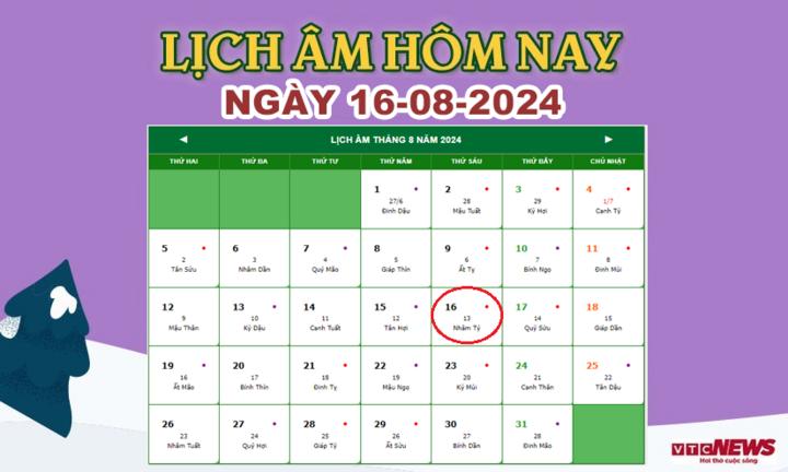 Xem lịch âm hôm nay ngày 16/8/2024