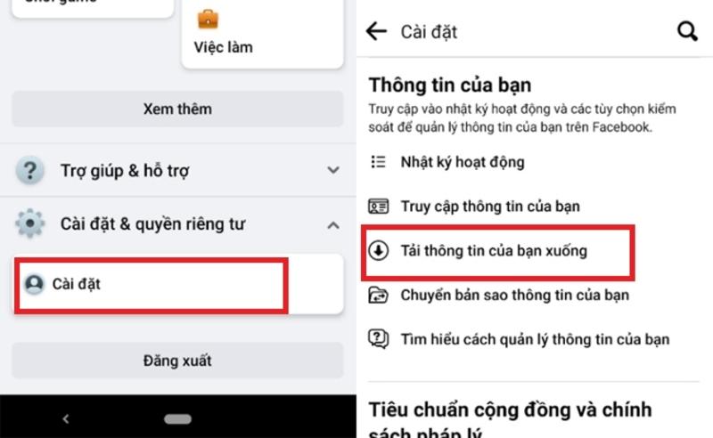 Chọn Cài đặt và chọn Tải thông tin của bạn