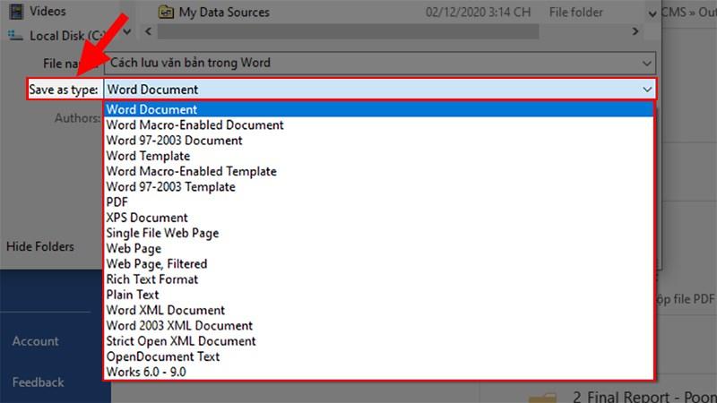 Chọn định dạng file tại Save as type 