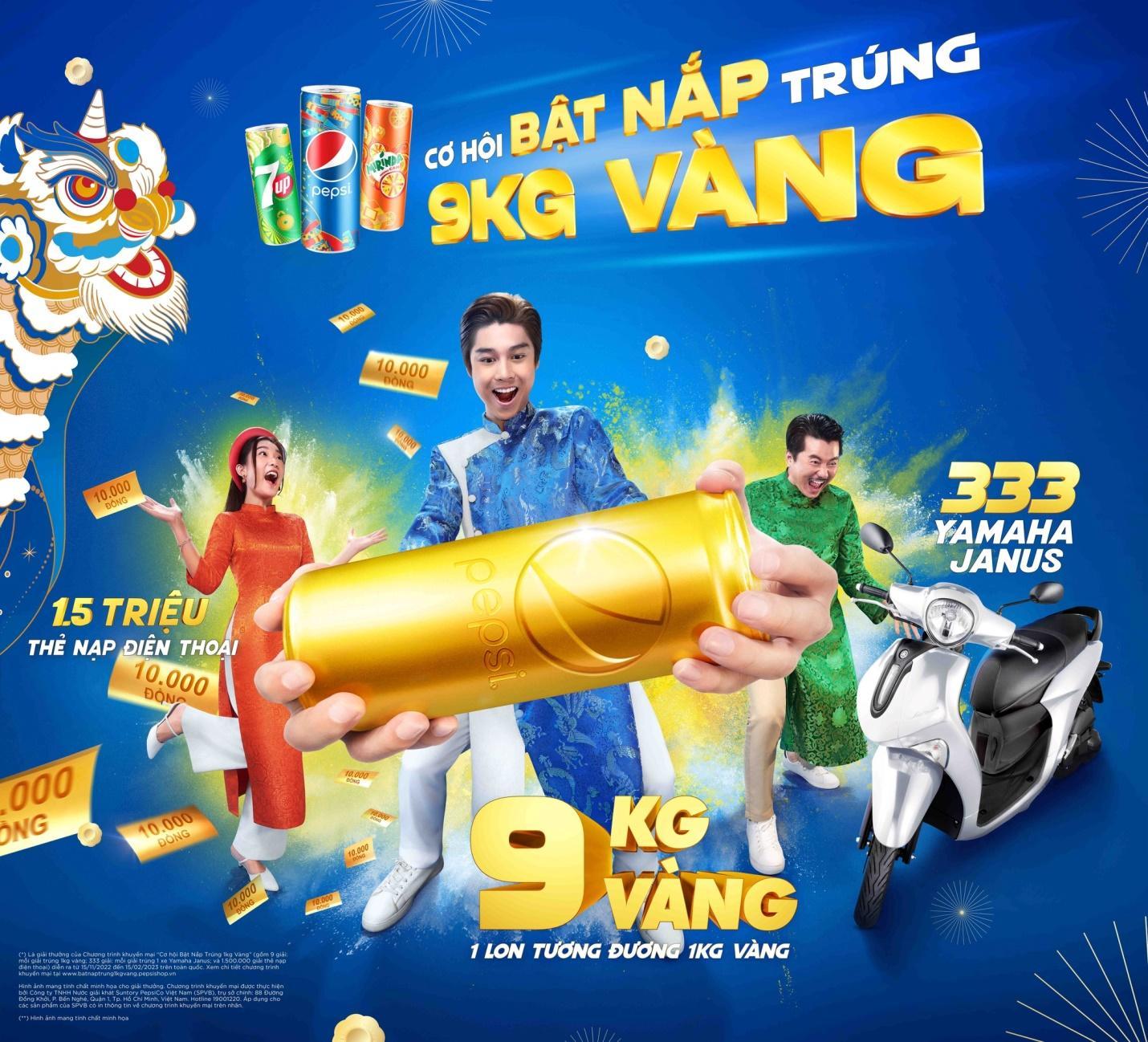 Cơ hội trúng 9kg vàng khi bật nắp Pepsi, 7UP và Mirinda