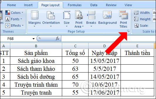 Chọn vị trí chèn số trang Excel