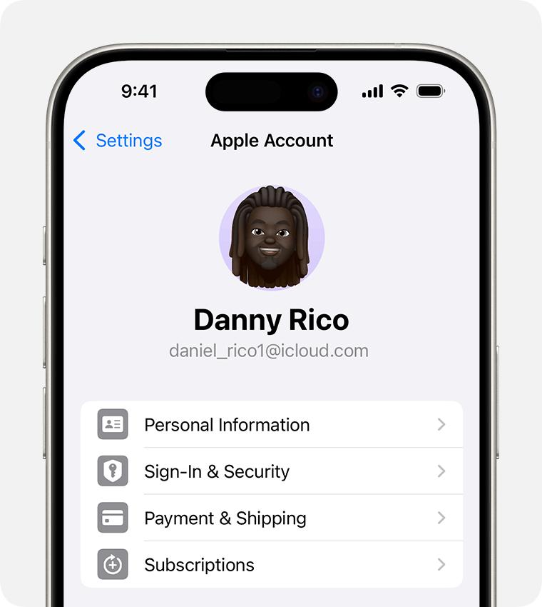 Apple Account settings in the Settings app on iPhone.