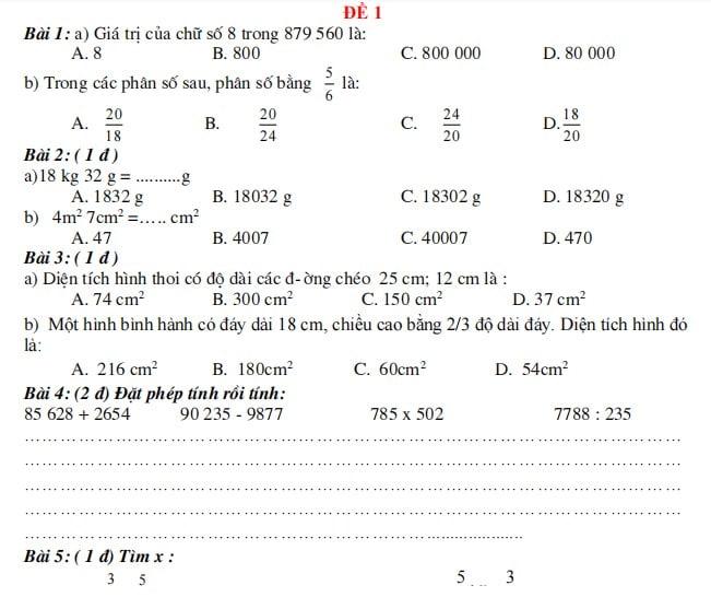 Đề thi giữa học kì 2 Toán lớp 4